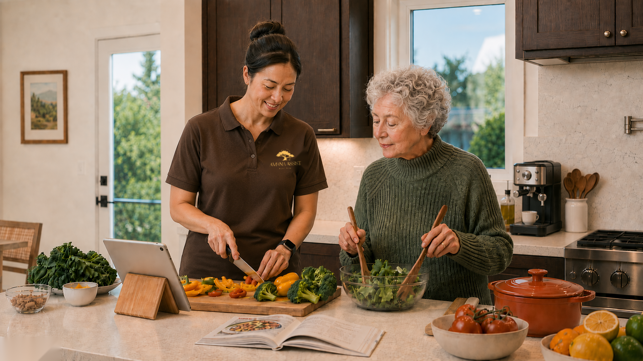 Amana Assist caregiver preparing a healthy meal with a client in her San Diego kitchen